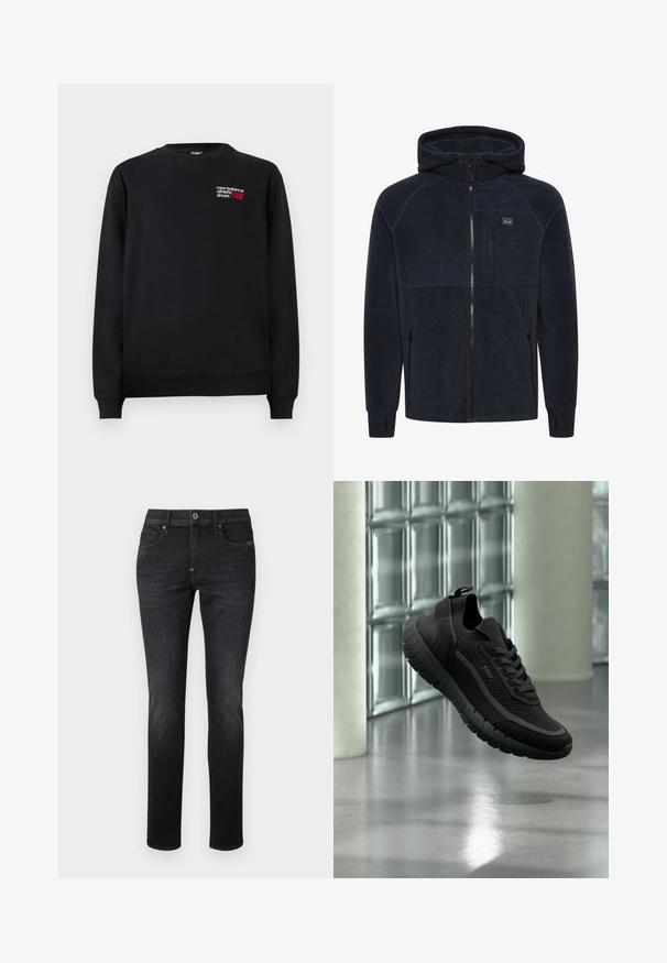 Marine fleece hoodie met een voorrits, verstelbare capuchon en ritszakken. Heeft elastische manchetten en een klein logo-opdruk op de borst.; Zwarte sweatshirt van een katoenmix, met een ronde hals, geribbelde manchetten en een klein rood en wit "New Balance" logo op de borst.; Donkerdenim jeans met een slanke rechte pasvorm, voorzien van een standaard vijf-pocket ontwerp, knoopsluiting en subtiele stikseldetails.; Zwarte gebreide sneaker met dikke profielzool en veters, merk "BOSS", zwevend binnen bij een glazen blokmuur en betonnen vloer.