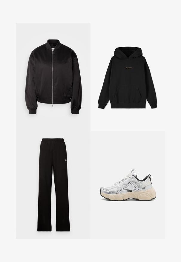 Calvin Klein Jeans Μπουφάν τύπου bomber - black; Μαύρο φούτερ από βαμβάκι, με μπροστινή τσέπη, ριμπ μανσέτες και χρυσό λογότυπο "PEGADOR" στο στήθος. Απλός, χαλαρός σχεδιασμός.; Μαύρο ραφτό παντελόνι σε φαρδύ σχέδιο με ελαστική μέση και μικρό διακοσμητικό λογότυπο, με λείο υλικό και πλήρους μήκους σχεδίαση.; Λευκό αθλητικό παπούτσι με διχτυωτές και συνθετικές πάνελ, ασημένιες λεπτομέρειες, χοντρή κρέμα σόλα και αντίθετες μαύρες λεπτομέρειες. Διαθέτει σύστημα κορδονιών.