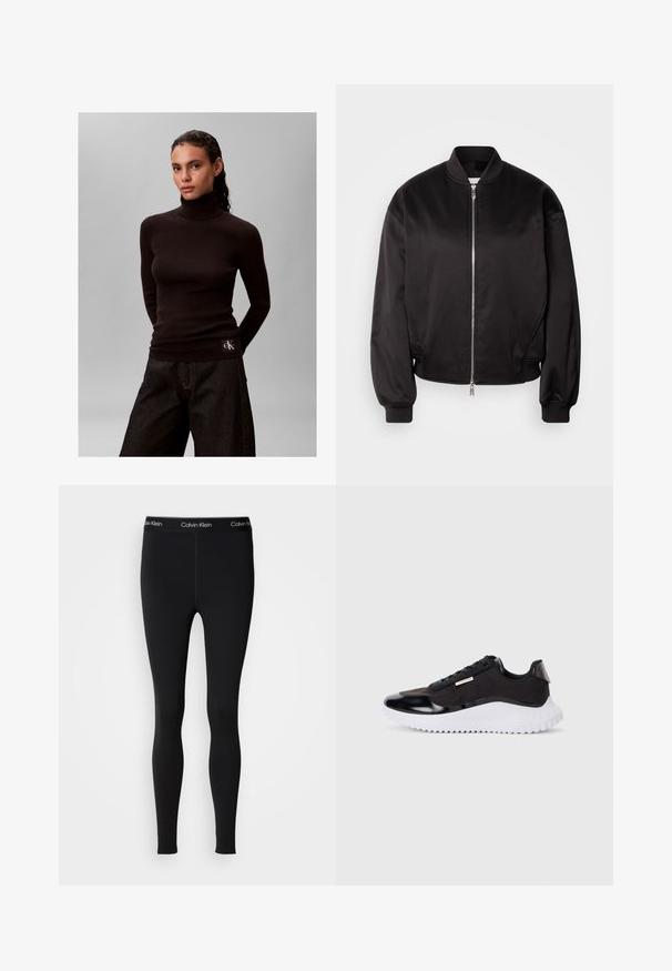 Calvin Klein Jeans Bomberjacks - black; Vrouw met donker haar draagt een zwarte geribbelde coltrui en donkere wijde broek tegen een eenvoudige grijze achtergrond.; Zwarte volledige lengte Calvin Klein leggings met een logo-band tailleband, een slanke pasvorm en een gladde stof, getoond tegen een effen achtergrond.; Zwarte sportieve schoenen met een glad bovenwerk van synthetisch materiaal, een witte, stevige zool, gestructureerde accenten en zwarte veters. Minimalistisch ontwerp, zonder zichtbare logo's.