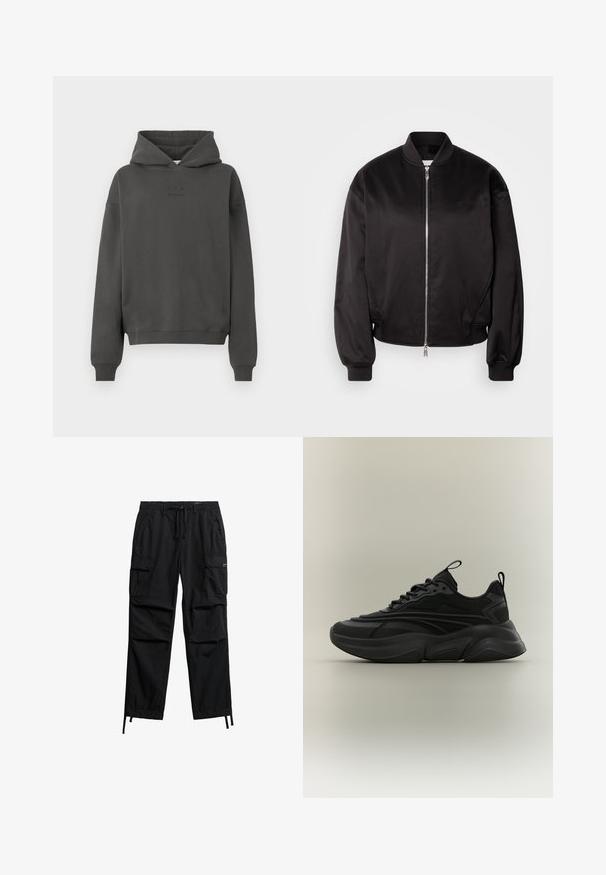 Calvin Klein Jeans Bomberjacks - black; Donkergrijze hoodie van zacht materiaal, met een trekkoord in de capuchon, geribde mouwen en een discreet logo op de voorkant gedrukt.; Zwarte cargobroek van lichtgewicht stof, voorzien van meerdere zijzakken, een verstelbare taille met trekkoord en taps toelopende manchetten.; Zwarte chunky sneaker met gestructureerde zool, veterfront en stoffen trekkertjes op de tong en hiel, getoond op een neutrale achtergrond.