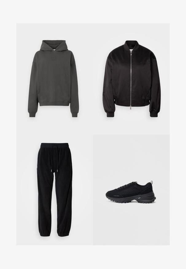 Calvin Klein Jeans Bomberjacks - black; Donkergrijze hoodie van zacht materiaal, met een trekkoord in de capuchon, geribde mouwen en een discreet logo op de voorkant gedrukt.; Zwarte fleece joggingbroeken met een elastische tailleband, verstelbaar trekkoord en taps toelopende benen. Geweven stof met zijzakken.; Zwarte sportieve schoenen met een bovenwerk van mesh, suède accenten, vetersluiting en een geprofileerde chunkyzool voor grip. "Calvin Klein" logo zichtbaar.