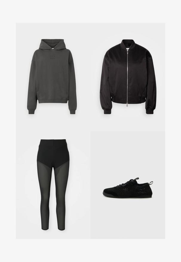 Calvin Klein Jeans Blouson Bomber - black; Haut à capuche gris foncé en tissu doux, avec un cordon de serrage, des poignets côtelés et un logo discret imprimé sur le devant.; Leggings noirs taille haute avec des panneaux en maille semi-transparente sur les cuisses avant et les jambes inférieures, design sans couture, silhouette ajustée.; Baskets de sport noires avec une tige en maille, des accents en daim et une semelle texturée. Conception légère avec un profil bas.