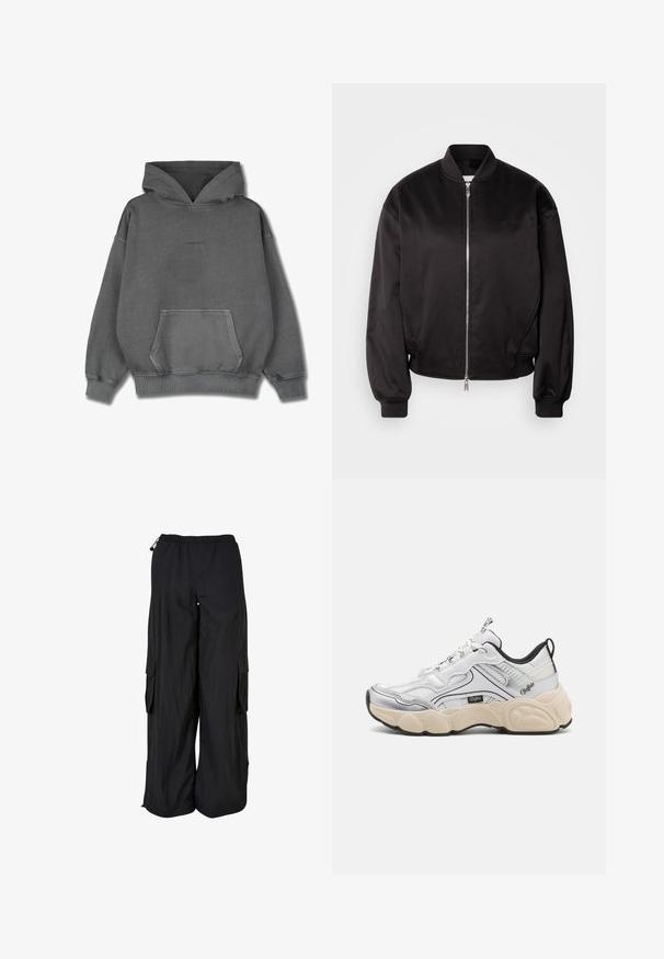 Calvin Klein Jeans Μπουφάν τύπου bomber - black; Pegador CLARITA LOGO OVERSIZED HOODIE - Φούτερ με κουκούλα - vintage grey grey gum; Μαύρο παντελόνι cargo με φαρδιά πόδια, ελαστική μέση, πλαϊνές τσέπες με καπάκι και ρυθμιζόμενα κορδόνια στη μέση και στο τελείωμα.; Λευκό αθλητικό παπούτσι με διχτυωτές και συνθετικές πάνελ, ασημένιες λεπτομέρειες, χοντρή κρέμα σόλα και αντίθετες μαύρες λεπτομέρειες. Διαθέτει σύστημα κορδονιών.