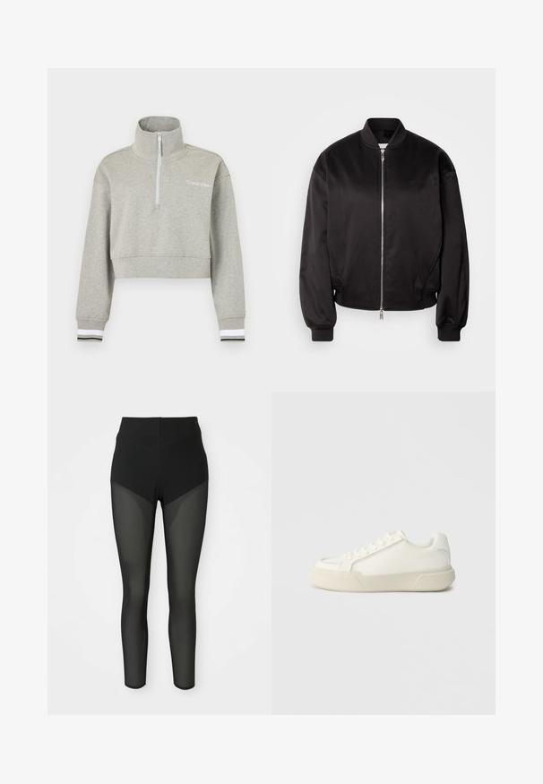 Calvin Klein Jeans Blouson Bomber - black; Sweatshirt gris clair court avec fermeture éclair sur le quart, col montant, logo Calvin Klein sur la poitrine et poignets rayés noir et blanc.; Leggings noirs taille haute avec des panneaux en maille semi-transparente sur les cuisses avant et les jambes inférieures, design sans couture, silhouette ajustée.; Baskets blanches en cuir lisse, avec un bout arrondi, un laçage à l'avant et une semelle en caoutchouc épaisse au design angulaire.