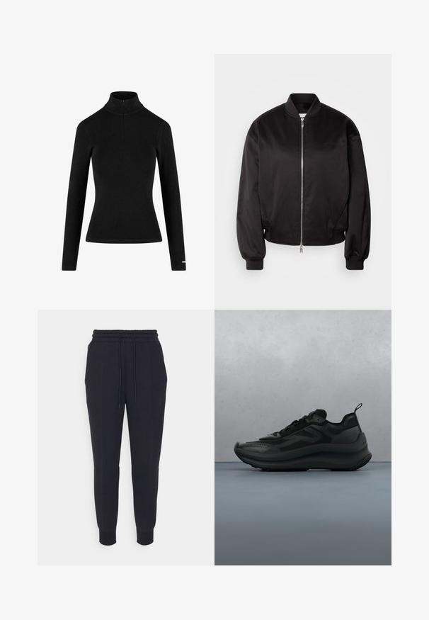 Calvin Klein Jeans Bomberjakke - black; Sort ribbet langærmet turtleneck med en lynlås i kraven og tætsiddende silhuet, lavet af et blødt, strækbart stof. Minimalistisk design.; Sorte sweatpants lavet af blødt stof, med en elastisk talje og snor, tapered ben og sidelommer. Glat tekstur.; Sort Calvin Klein-sneaker med chunky sål, der svæver over træfliser udendørs med grønne blade og grå væg i baggrunden.