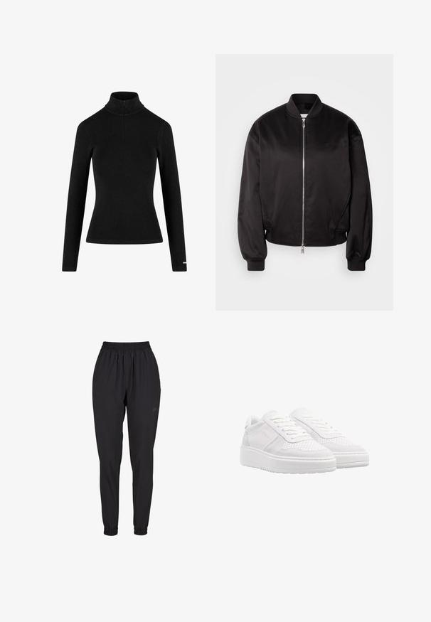 Calvin Klein Jeans Bomberjakke - black; Sort ribbet langærmet turtleneck med en lynlås i kraven og tætsiddende silhuet, lavet af et blødt, strækbart stof. Minimalistisk design.; Sorte elastiske bukser med samlet manchet, lige ben-design, lavet af letvægtsmateriale, med et diskret logo på siden.; Hvide sneakers med en overdel i ruskind og perforeret læder, flade snørebånd, polstret krave og en tyk, struktureret gummisål.