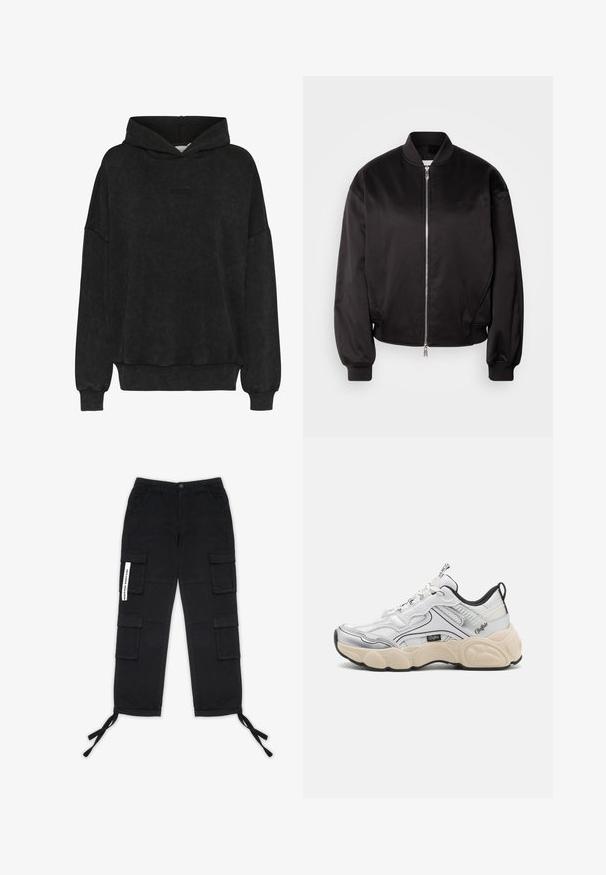 Calvin Klein Jeans Bomber-jakk - black; Must must, mis pehmeast kangast, millel on mugav lõige, pikad varrukad ja soonikkoes ääred. Ees on väike reljeefne logo.; Pegador TANAMI WIDE PANTS - Kargopüksid - black; Valge sportlik king, kus on võrgust ja sünteetilisi paneele, hõbedased aktsendid, tükiline kreemjas tald ja kontrastsed mustad detailid. Omab nööri süsteemi.