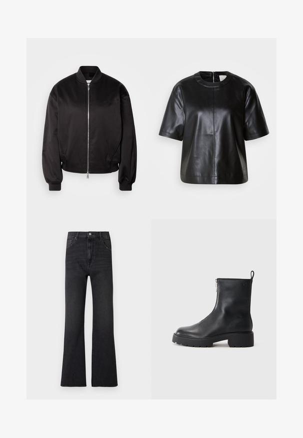 Calvin Klein Jeans Bombera - black; Čierny kožený top s krátkym rukávom, klasickým okrúhlym výstrihom a zipsom na zadnej strane. Má hladkú textúru a uvoľnený strih.; Čierne rozšírené rifle z denimu, s vysokým pásom, dvoma prednými vreckami a jemným vyblednutím. Päť pútok na opasok a klasické kovové zapínanie na gombík.; Čierna kožená členková obuv s bočným zipsom, zaoblenou špičkou a robustnou, textúrovanou podrážkou. Diskrétny branding na boku.