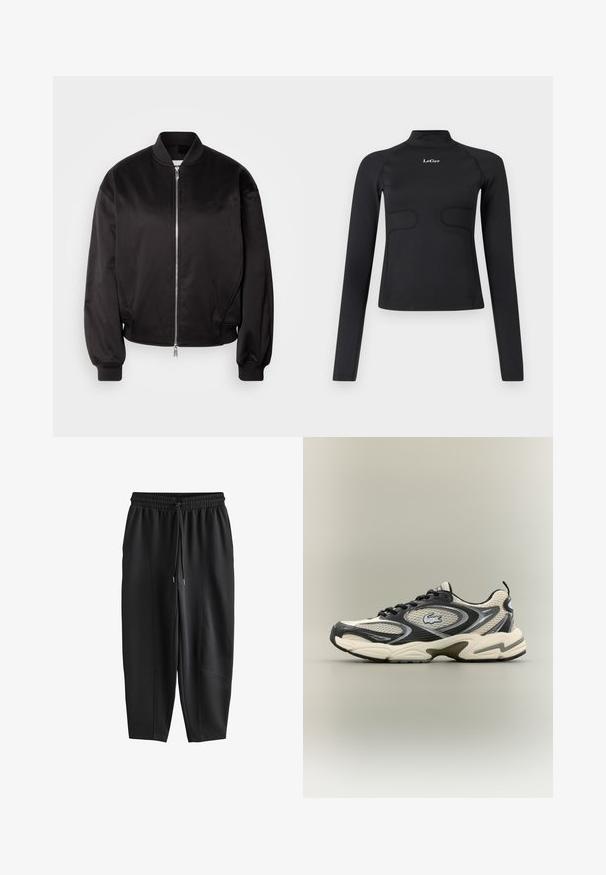 Calvin Klein Jeans Blouson Bomber - black; Haut ajusté à manches longues noir avec col montant et logo "LeGer" blanc centré sur la poitrine, le tout sur fond blanc.; Pantalon de jogging noir fuselé avec taille élastique et cordon de serrage, présentant des détails de coutures à l'avant et une coupe décontractée.; Des baskets en maille noires et beiges présentent un col rembourré, un dessus texturé et un logo bien visible sur le côté. Design élégant avec une semelle incurvée.