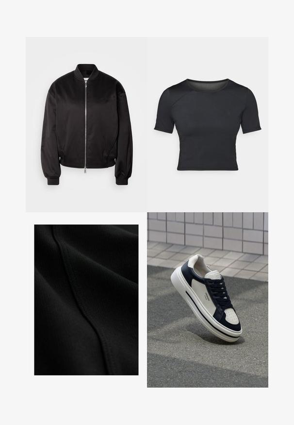 Calvin Klein Jeans Bomberjacks - black; Zwarte korte mouwen crop top gemaakt van glad, rekbaar materiaal met een ronde halslijn en subtiele naaddetails op de schouders.; Zwarte stof met een geribbelde textuur, voorzien van subtiele stiksel details en gladde, vloeiende plooien. Dun en licht materiaal.; Witte en marineblauwe leren sneakers met geperforeerde neus, veters en een getextureerde rubberen zool, met branding op de zijkant.