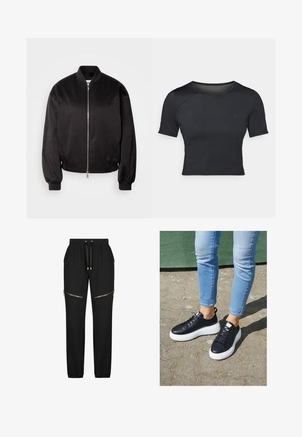 Calvin Klein Jeans Μπουφάν τύπου bomber - black; Μαύρο κοντομάνικο cropped top φτιαγμένο από λείο, ελαστικό ύφασμα με στρογγυλή λαιμόκοψη και διακριτές ραφές στους ώμους.; Μαύροι φόρμες με κορδόνι στη μέση, τσέπες με φερμουάρ στα πλάγια και ριμπ μανσέτες στους αστραγάλους, κατασκευασμένοι από υφασμάτινη υφή.; Μαύρα δερμάτινα αθλητικά παπούτσια με λευκές καουτσούκ σόλες, διαθέτοντας απαλή υφή, στρογγυλή μύτη και επίπεδους κορδόνια. Φοριούνται με ανοιχτό μπλε τζιν.