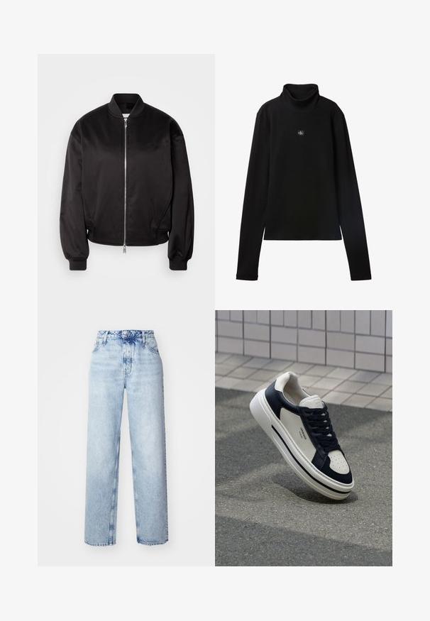 Calvin Klein Jeans Bomberjacks - black; Zwarte geribde coltrui met lange mouwen en een klein vierkant Calvin Klein-logo midden op de borst.; Lichtblauwe high-waisted jeans met een losse pasvorm, met rechte pijpen, vijf zakken en een klassieke knoop- en ritssluiting.; Witte en marineblauwe leren sneakers met geperforeerde neus, veters en een getextureerde rubberen zool, met branding op de zijkant.