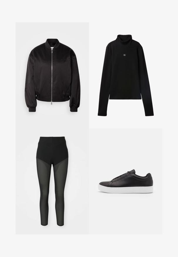 Calvin Klein Jeans Bomberjakke - black; Sort ribstrikket bluse med lange ærmer og lille firkantet Calvin Klein-logo placeret centralt på brystet.; Sorte højtaljede leggings med semi-gennemsigtige meshpaneler på forlårene og underbenene, sømløst design, tætsiddende silhuet.; Sorte lædersneakers med en glat overflade, der har et lavt design og en tyk hvid gummisål. Diskrete syninger på siden.