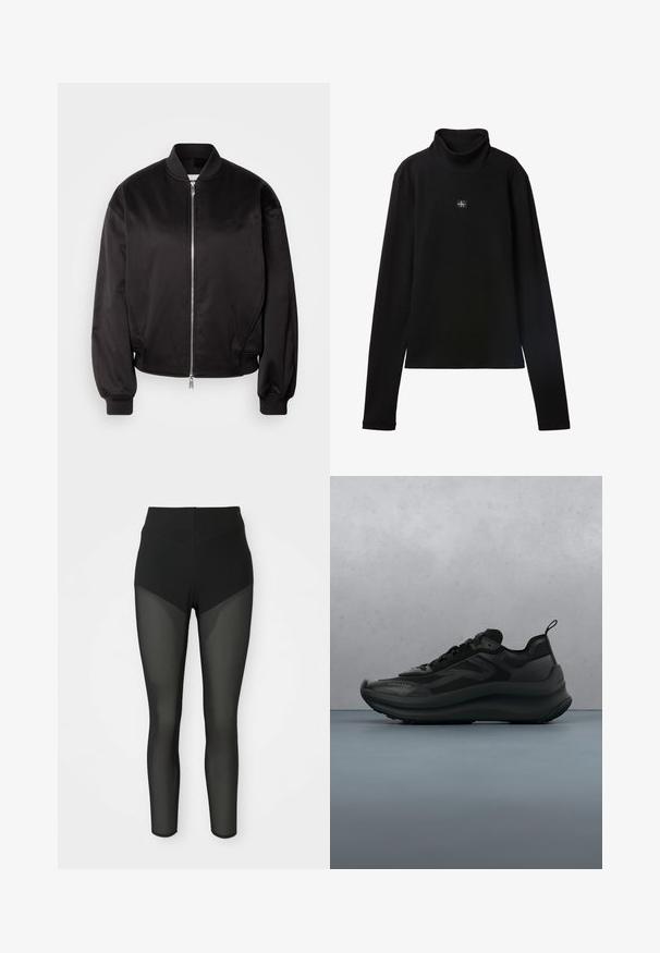 Calvin Klein Jeans Bomberjacks - black; Zwarte geribde coltrui met lange mouwen en een klein vierkant Calvin Klein-logo midden op de borst.; Zwarte high-waist leggings met semi-transparante mesh panels op de bovenbenen en onderbenen, naadloos ontwerp, aansluitende silhouet.; Zwarte Calvin Klein sneaker met dikke zool die zweeft boven houten tegels buiten, met groen gebladerte en een grijze muur op de achtergrond.