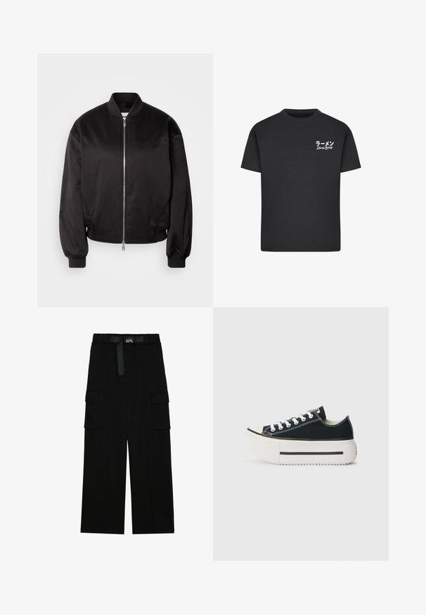 Calvin Klein Jeans Bomberjakke - black; Sort bomulds T-shirt med rund hals. Har hvid tekst, inklusive japanske tegn og "Slurp Away," på venstre brystområde.; Sorte cargo bukser med vidde ben, elastisk talje med bælte og to store sidelommer til opbevaring.; Sorte kanvas sneakers med en hvid gummisål, der har en tyk platform, hvide snørebånd og kontrasterende syninger langs sømmene.