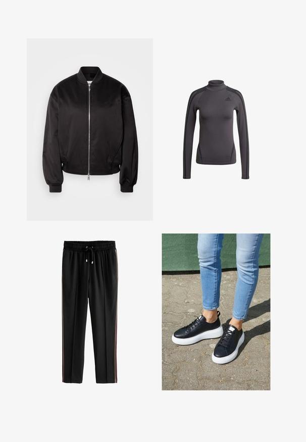 Calvin Klein Jeans Bomberjakke - black; Grå langærmet top med høj krave, der har tekstureret stof og sorte accentstriber på skuldrene, med et Adidas-logo på brystet.; Next PETITE - Træningsbukser - black; Sorte lædersneakers med hvide gummisåler, der har en glat overflade, rund tå og flade snørebånd. Båret med lyseblå jeans.