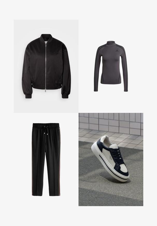 Calvin Klein Jeans Bomberjacks - black; Grijs topje met lange mouwen en een hoge kraag, gemaakt van gestructureerde stof en voorzien van zwarte accenten op de schouders, met een Adidas-logo op de borst.; Next PETITE - Trainingsbroek - black; Witte en marineblauwe leren sneakers met geperforeerde neus, veters en een getextureerde rubberen zool, met branding op de zijkant.