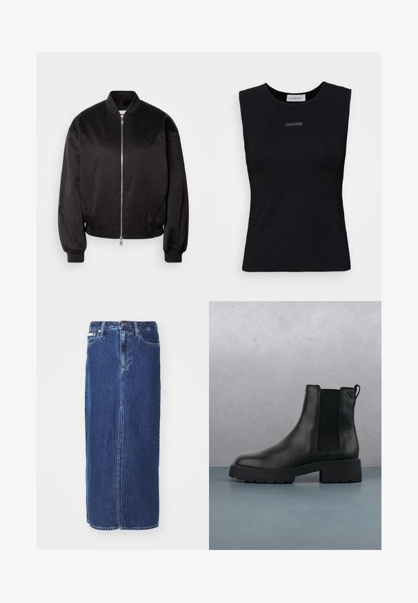 Calvin Klein Jeans Bomberjakke - black; Sort ærmeløs top lavet af glat stof. Har en rund halsudskæring og et lille Calvin Klein-logo i midten. Simpelt og tætsiddende design.; Mørkeblå denimnederdel, knælang, med slidse foran, traditionel talje og fem-lommes design med kontrasterende syninger.; Sort læder Chelsea-boot med elastiske sidepaneler, tekstureret finish og en robust sål, placeret over brune træfliser med småsten.