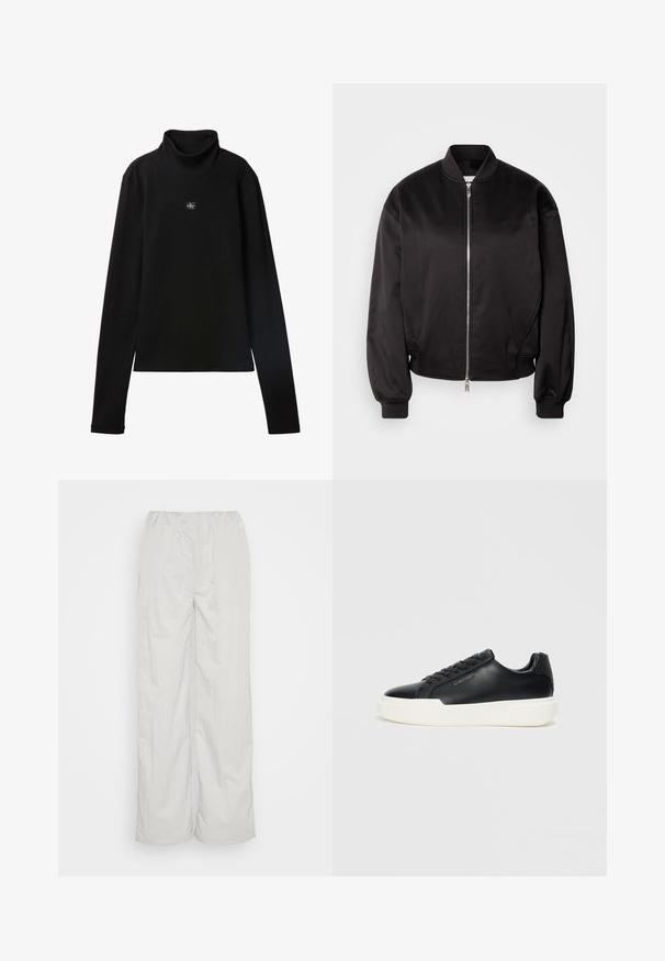 Calvin Klein Jeans Bomberjakke - black; Sort ribstrikket bluse med lange ærmer og lille firkantet Calvin Klein-logo placeret centralt på brystet.; Lys grå bukser med elastisk talje, bred benudskæring og glat overflade. Ingen synlige mønstre eller hardwaredetaljer.; Sort lædersneakers med rund tå, tekstureret hældetalje og hvid gummi sål. Har sorte snørebånd og subtile branding på siden.