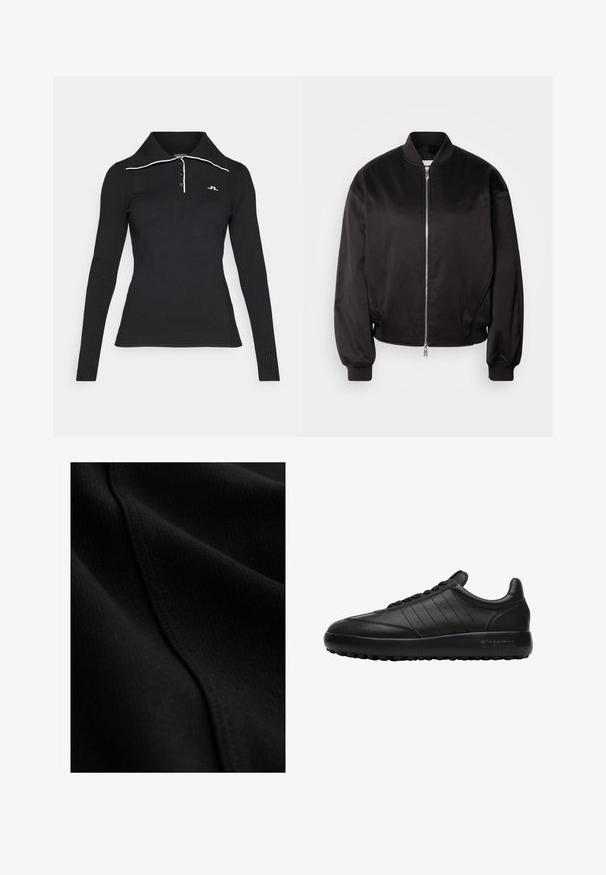 Calvin Klein Jeans Bombera - black; Čierna polo košeľa s dlhými rukávmi a priečne rebrovanou textúrou, s trojbuttonovou légiou a kontrastným bielym detailom na golieri. Vyšívané logo na hrudi.; Čierna tkanina s rebrovanou textúrou, ktorá obsahuje jemné švy a hladké, voľne sa vlnivé záhyby. Tenký a ľahký materiál.; Čierne kožené tenisky s hladkým povrchom, ktoré majú vodorovné prešité línie a textúrovanú gumovú podrážku pre lepšiu priľnavosť.