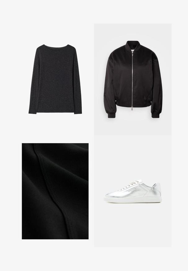 Calvin Klein Jeans Bomberjacks - black; Donkergrijze trui met lange mouwen en ronde hals met een licht gemêleerde textuur, plat getoond op een witte achtergrond.; Zwarte stof met een geribbelde textuur, voorzien van subtiele stiksel details en gladde, vloeiende plooien. Dun en licht materiaal.; Low-top metallic zilverkleurige sneaker met witte zool en veters, gladde textuur en subtiele reliëfbranding aan de zijkant.