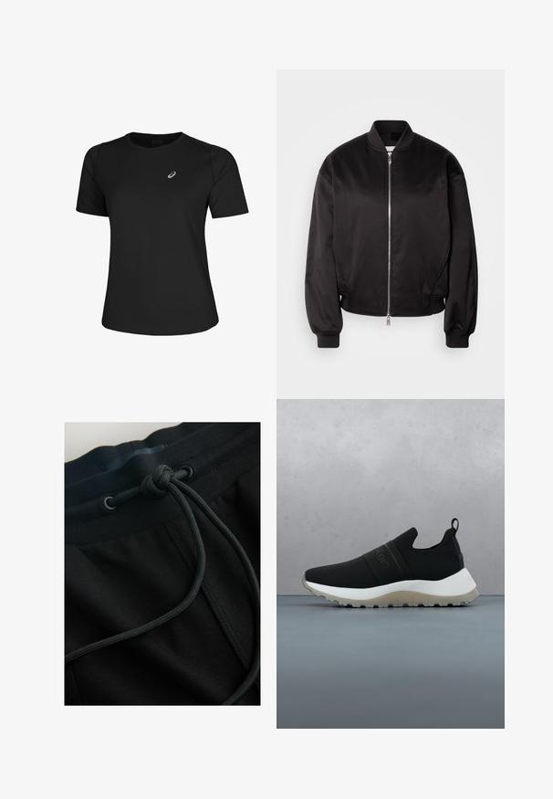 Calvin Klein Jeans Bomberjakke - black; Sort atletisk T-shirt lavet af glat stof, med rund halsudskæring og korte ærmer. Indeholder et reflekterende logo på venstre front.; Sorte joggerbukser med snøre i taljen og tekstureret stof, med fokus på glatte linjer og et minimalistisk design.; Sort slip-on træningssko med hvid sål og tekstureret greb, svævende over en trætæppeflise ude i det fri nær grønne planter.