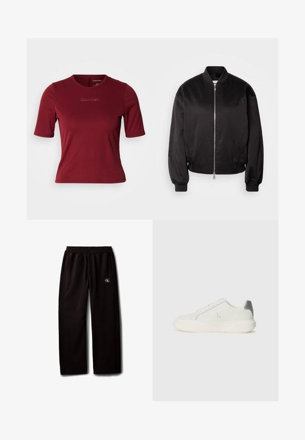 Calvin Klein Jeans Μπουφάν τύπου bomber - black; Μπορντό κοντομάνικο μπλουζάκι από λείο ύφασμα με λαιμόκοψη crew. Διαθέτει ανάγλυφο λογότυπο "Calvin Klein" στο μπροστινό μέρος.; Μαύρο παντελόνι με φαρδιά μύτη, ελαστική μέση και πλαϊνές τσέπες, με μικρό λογότυπο Calvin Klein στο δεξί μηρό.; Λευκό αθλητικό παπούτσι από δέρμα με ομαλή υφή, με ασημένια λεπτομέρεια στη φτέρνα, επίπεδη σόλα και μινιμαλιστικό σχέδιο.