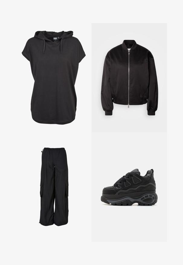 Calvin Klein Jeans Bomber-jakk - black; Must nadukaga t-särk lühikeste varrukatega, mis on valmistatud pehmest kangast. Omab reguleeritavaid nööre ja vaba lõiget. Lihtne disain, ilma mustriteta.; Mustad laia säärega cargo-püksid elastse vöökohaga, külgedel klapikujuliste taskutega ning reguleeritavate paeltega vöö- ja sääreosas.; Buffalo Tennised - black
