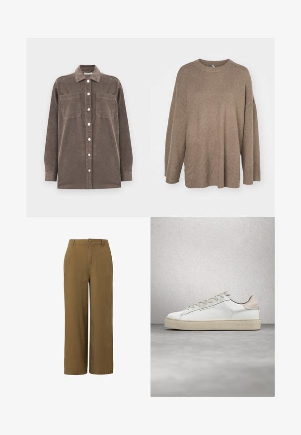 Braunes Cordhemd mit Kragen, vorderem Knopfverschluss und zwei Brusttaschen. Es hat lange Ärmel und ein strukturiertes Stoffdesign.; Brauner übergroßer Pullover mit geripptem Saum, weiten Ärmeln und Rundhalsausschnitt. Weiche Textur, minimalistisches Design ohne Muster.; Braune weitbeinige Hosen aus einem strukturierten Baumwollgemisch, mit einer vorderen Knopfschließe und einem Standard-Taillendesign.; Weiße Leder-Sneaker mit glatter Oberfläche, beigen Wildleder-Akzenten, runder Zehenpartie, flachem Schnürdesign und einer strukturierten Gummisohle.