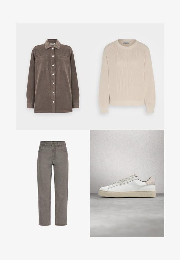 Bruine corduroy overhemden met een kraag, voor sluiting met knopen en twee borstzakken. Heeft lange mouwen en een textuur in de stof.; Anna Field by Zalando Trui - grey; Grijze denim jeans met rechte pijpen, knoop- en ritssluiting, voor- en achterzakken en riemlussen.; Witte leren sneaker met een glanzende afwerking, beige suède accenten, ronde neus, platte vetersluiting en een getextureerde rubberen zool.