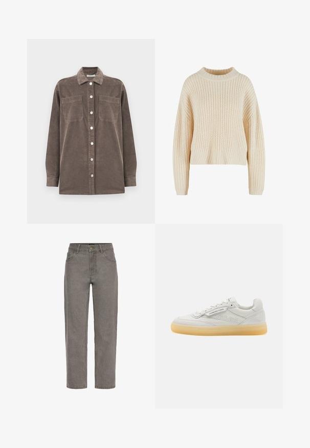 Brun fløjlsskjorte med krave, frontlukning med knapper og to brystlommer. Har lange ærmer og et struktureret stofdesign.; Cremefarvet strikket sweater med høj ribbet krave, brede ærmer og et struktureret mønster hele vejen igennem. Kropet design med ribbet kant.; Grå denim jeans med lige ben, knap- og lynlåslukning, for- og baglommer og bæltestropper.; Hvide lædersneakers med perforerede detaljer, rund tå og cremefarvet gummisål. Har tonalt syning og et minimalistisk design.