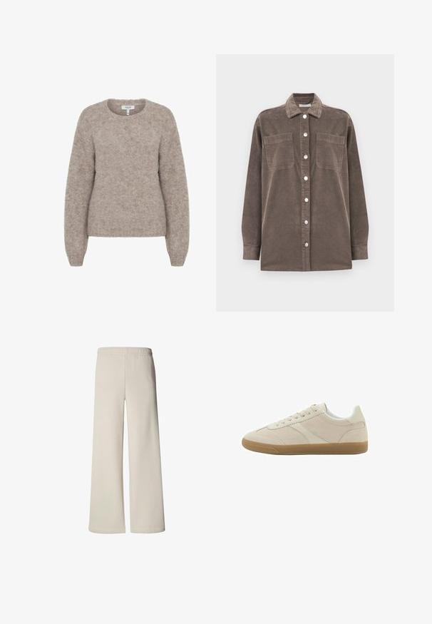 Brun fløjlsskjorte med krave, frontlukning med knapper og to brystlommer. Har lange ærmer og et struktureret stofdesign.; b.young BYMILLER - Striktrøje - humus melange; Beige bukser med vid ben, elastisk talje og ren front, vist forfra på hvid baggrund.; Beige ruskindslav sko med hvide accenter, beige snørebånd og en gummisål i naturlig farve, set fra siden på en hvid baggrund.