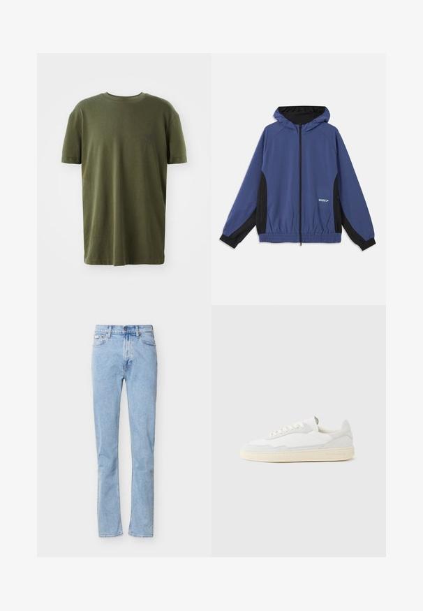 Sudadera con capucha azul y negra, con cremallera en el frente, puños elásticos y dos bolsillos laterales. Presenta un logo en el lado izquierdo y una textura mate.; Camiseta de color verde oliva en algodón, con mangas cortas, cuello redondo y un pequeño logo impreso en azul oscuro en el lado izquierdo del pecho.; Vaqueros de mezclilla azul claro de cintura alta con corte recto, cierre frontal de botón y cremallera, trabillas para cinturón y diseño clásico de cinco bolsillos.; Zapatilla blanca con parte superior texturizada de ante y cuero. Presenta una puntera redondeada, cierre con cordones y suela de goma beige contrastante.