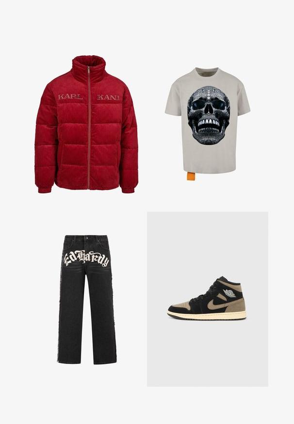 Rode corduroy pufferjack met hoge kraag, voorzien van horizontale, gequiltte secties en geborduurde "KARL" logo's op de borst. Ritsluiting.; Grijze t-shirt met een grote zwart en zilver schedelafbeelding op de voorkant, met een oranje label in de onderste linkerkant.; Zwarte denim wijde jeans met gescheurde randen en opvallende witte "Ed Hardy" tekst aan de voorkant. Voorzien van een standaard knoopsluiting.; Hoge sneakers met zwart en tan suède, geperforeerde neus, beige middenzool, zwarte veters en een zilveren logo aan de zijkant.