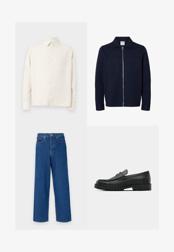 Marineblå jakke med lange ærmer, krave, lynlås foran og to brystlommer.; Lys beige langærmet skjorte lavet af struktureret stof. Har en krave og knaplukning foran samt en ligefrem kant.; Bredde ben blå jeans lavet af denim, med høj talje, fem-lomme design og kontrastsyninger langs sømene og lommerne.; Sorte læder loafers med rund tå, der har et syet design, lav platformssål og en struktureret, skridsikker gummisål.
