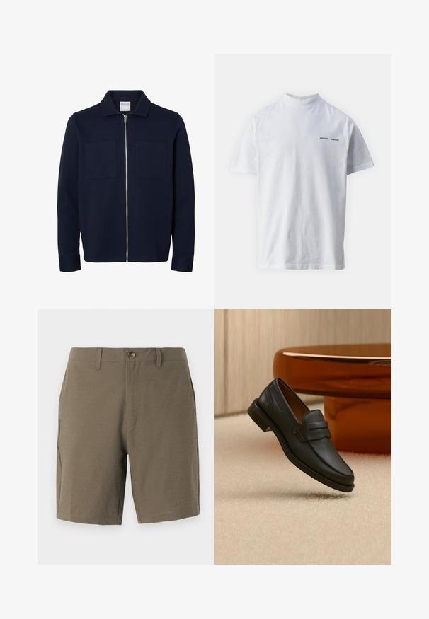 Chaqueta azul marino de manga larga con cuello, cremallera frontal y dos bolsillos parche en el pecho.; Camisa de algodón blanca con un cuello alto y mangas cortas. Presenta el logo "SAMSØE SAMSØE" en negro en la parte delantera. Textura suave.; Pantalones cortos en verde oliva hechos de un tejido texturizado, con cierre de botón y frente plano, y con bolsillos laterales para mayor funcionalidad.; Mocasín de hombre de cuero negro con una banda en la parte superior, exhibido sobre una alfombra beige cerca de una mesa circular moderna marrón.
