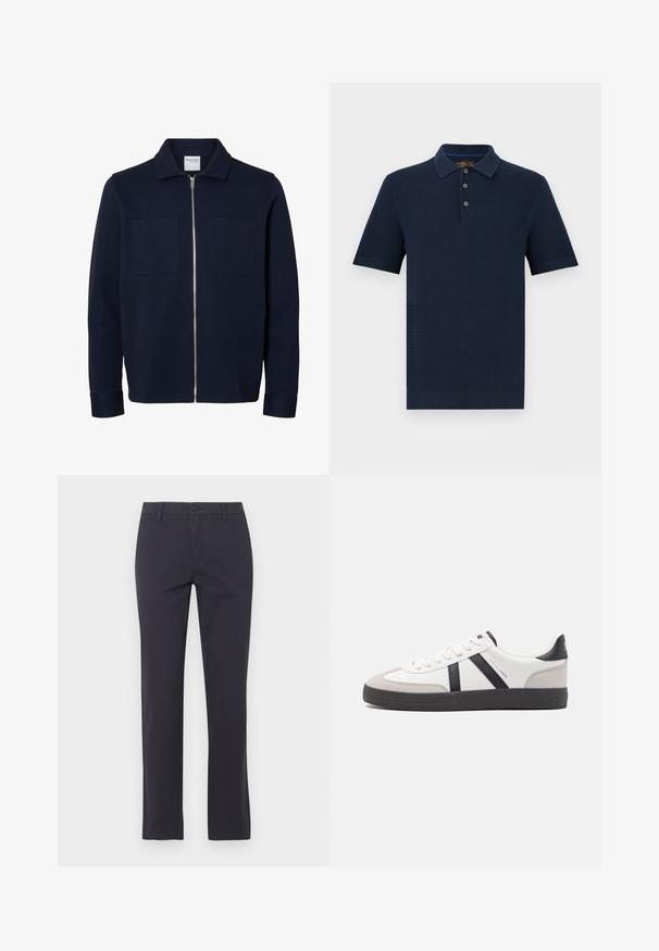 Veste bleu marine à manches longues avec col, fermeture éclair à l'avant et deux poches plaquées sur la poitrine.; Polo en maille à manches courtes bleu marine avec patte à trois boutons et col, poignets et ourlet côtelés, présenté sur fond blanc.; Pantalon slim noir avec fermeture par bouton et zip, passants de ceinture et jambes droites, présenté sur un fond clair.; Baskets blanches avec des accents noirs et gris, présentant un embout texturé gris, une semelle en caoutchouc noir et des lacets plats blancs. Design épuré, style minimaliste.