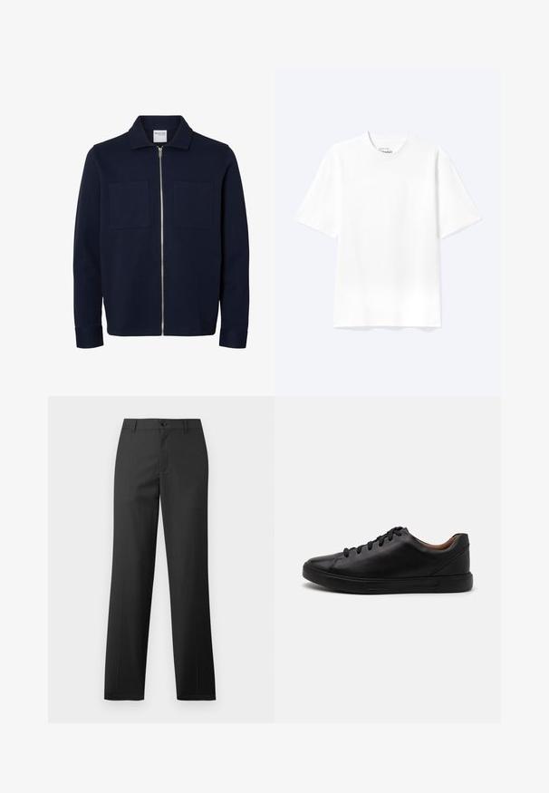Chaqueta azul marino de manga larga con cuello, cremallera frontal y dos bolsillos parche en el pecho.; Camiseta lisa blanca de manga corta y cuello redondo con un corte relajado, mostrada sobre un fondo claro.; Samsøe Samsøe SAJOHNNY TROUSERS - Pantalones - turkish coffee; Zapatillas de cuero negro con un acabado suave, punta redondeada y cierre de cordones de seis ojales; cuenta con una suela de goma negra para mayor agarre.