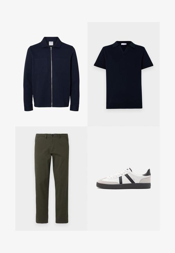 Veste bleu marine à manches longues avec col, fermeture éclair à l'avant et deux poches plaquées sur la poitrine.; Polo en maille bleu marine avec un col en V, des manches courtes et un col plat. Ourlet et poignets côtelés avec une texture lisse.; Pantalons droits en vert olive fabriqués à partir d'un mélange de coton. Présentent une fermeture éclair, des passants de ceinture et deux poches latérales. Texture lisse.; Baskets blanches avec des accents noirs et gris, présentant un embout texturé gris, une semelle en caoutchouc noir et des lacets plats blancs. Design épuré, style minimaliste.