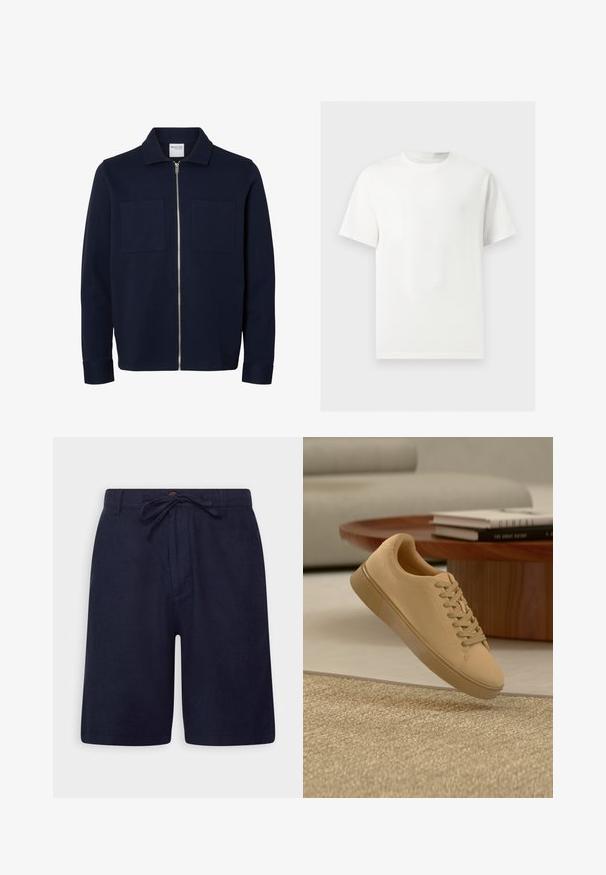 Marineblauwe lange mouwen jas met een kraag, ritssluiting aan de voorkant en twee borstzakken.; Effen wit T-shirt met korte mouwen en ronde hals, weergegeven op een lichtgrijze achtergrond.; Marineblauwe shorts van een lichtgewicht stof, met een trekkoord in de taille, een knoopsluiting en zijzakken. Gladde textuur en een getailleerde pasvorm.; Beige vetersneaker die boven een gestructureerd tapijt zweeft, met een houten salontafel en gestapelde boeken op een wazige achtergrond.