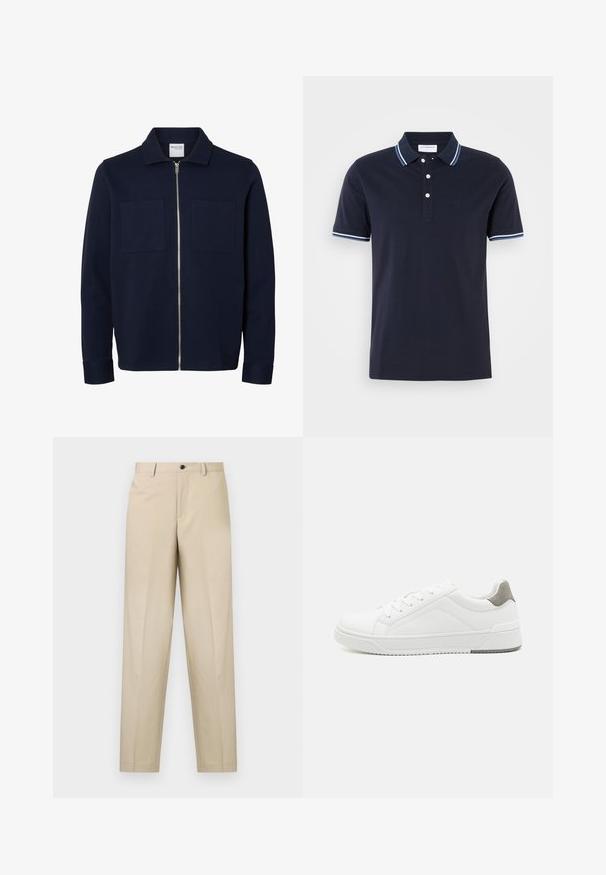 Marineblauwe lange mouwen jas met een kraag, ritssluiting aan de voorkant en twee borstzakken.; Marineblauwe polo gemaakt van katoen, met een drieknoopssluiting, witte en lichtblauwe gestreepte kraag en mouwaccenten.; Beige broek gemaakt van lichte stof, met een rechte pijp, enkele plooien aan de voorkant en een knoopsluiting bij de taille.; Witte sneaker van glad leer met een ronde neus, minimalistisch ontwerp, grijze hielaccent en een geplaatste rubberen zool.