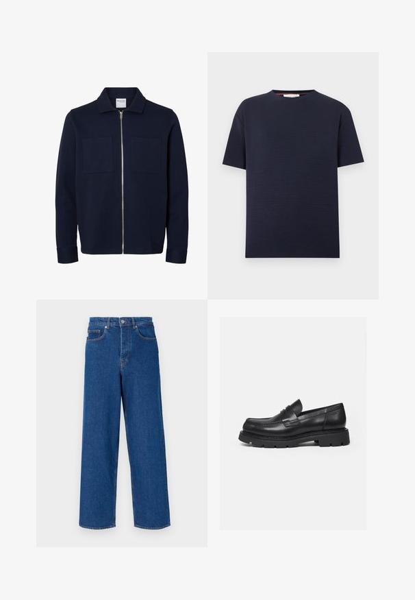 Marineblaue langärmelige Jacke mit Kragen, Frontreißverschluss und zwei Brusttaschen.; Marineblaues Kurzarm-T-Shirt mit Rundhalsausschnitt und subtiler horizontaler Rippstruktur, dargestellt auf weißem Hintergrund.; Weite blaue Jeans aus Denim mit hoher Taille, Fünf-Taschen-Design und Kontrastnähten entlang der Nähte und Taschen.; Schwarzer Lederloafer mit dicker, profilierter Sohle und Pennyriemen-Detail, von der rechten Seitenansicht auf weißem Hintergrund gezeigt.