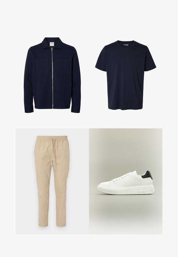 Marineblaue langärmelige Jacke mit Kragen, Frontreißverschluss und zwei Brusttaschen.; Schlichtes marineblaues T-Shirt mit kurzen Ärmeln und Rundhalsausschnitt mit kleinem gedrucktem Markenlabel innen am Kragen.; Beige, leichte Hose mit elastischem Bund und Kordelzug. Gerades Beindesign, glatte Textur und keine sichtbaren Muster oder Akzente.; Weißer Low-Top-Sneaker mit dicker Sohle, Schnürung vorne und schwarzer Fersenschlaufe, mit "Steve Madden" an der seitlichen Sohle gebrandet.