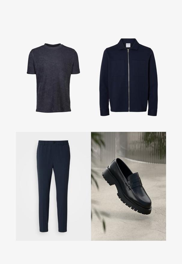 Marineblå jakke med lange ærmer, krave, lynlås foran og to brystlommer.; Mørkeblå kortærmet t-shirt lavet af blødt stof. Har en rund halsudskæring og en glat tekstur, med minimal pynt.; Mørkeblå, lige ben bukser med elastisk talje, der har en frontknaplukning og en glat stofstruktur.; Sorte læder loafers med en chunky sål, der har en dekorativ rem og syninger. Glat tekstur med en poleret overflade.