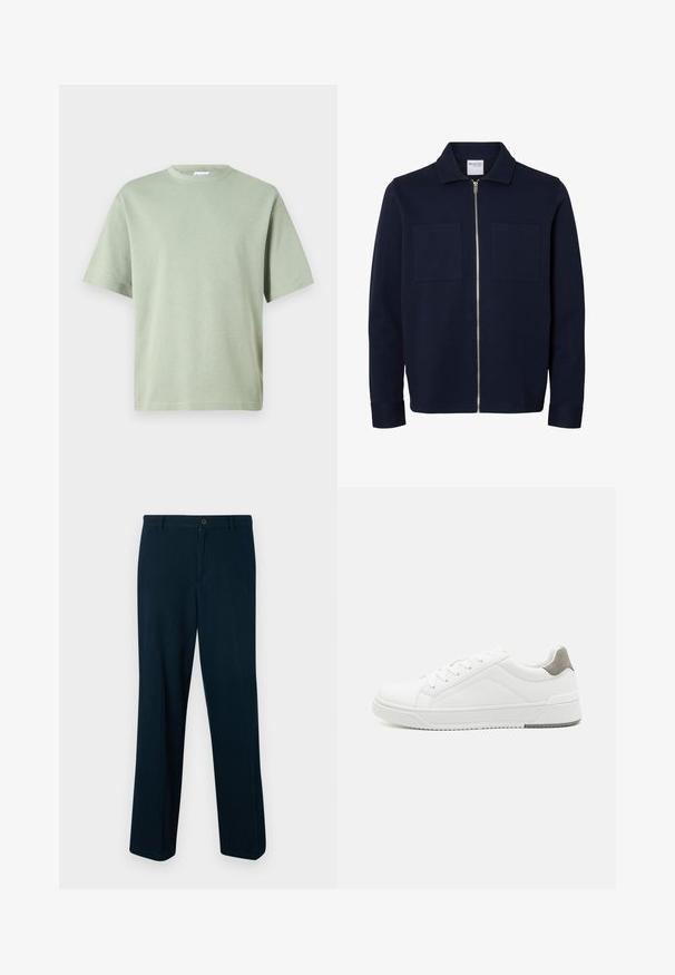 Veste bleu marine à manches longues avec col, fermeture éclair à l'avant et deux poches plaquées sur la poitrine.; T-shirt en coton vert clair avec un col rond et des manches courtes. Le tissu a une texture lisse et n'est pas orné de motifs.; Pantalons bleu marine en tissu lisse, dotés d'une fermeture à bouton, d'une coupe droite et d'un design minimaliste.; Basket blanche en cuir lisse, à bout arrondi, design minimaliste, accent de talon gris et semelle en caoutchouc texturé.