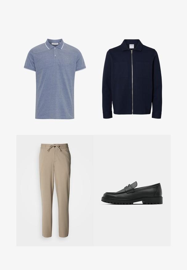 Marineblauwe lange mouwen jas met een kraag, ritssluiting aan de voorkant en twee borstzakken.; Lichtblauw polo shirt van textuurstof, met een gebuttonneerde kraag, contrasterende witte bies op de kraag en mouwen, en een klein logo.; Beige broek gemaakt van een zachte stof, met een trekkoorden taille en een ontspannen pasvorm, rechte pijpen en zonder zichtbare zakken.; Zwarte leren instappers met een ronde neus, voorzien van een gestikt ontwerp, een lage platformzool en een gestructureerde, grof rubberen buitenzool.