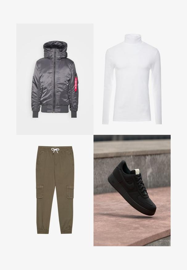 Chaqueta bomber negra con cremallera y cuello alto, puños y dobladillo acanalados; presenta un parche de logo visible y una etiqueta roja adjunta.; Camisa de cuello alto de manga larga blanca, hecha de un tejido suave y elástico. Presenta un diseño ajustado que proporciona una silueta estilizada.; Pantalones cargo caqui con cintura elástica y cordón, que cuentan con bolsillos laterales y tobillos ajustados. Fabricados en un material ligero y texturizado.; Zapatilla negra Nike Air Force 1 flotando sobre un borde de hormigón rosa con fondo de piedra gris, mostrando detalles laterales y superiores.