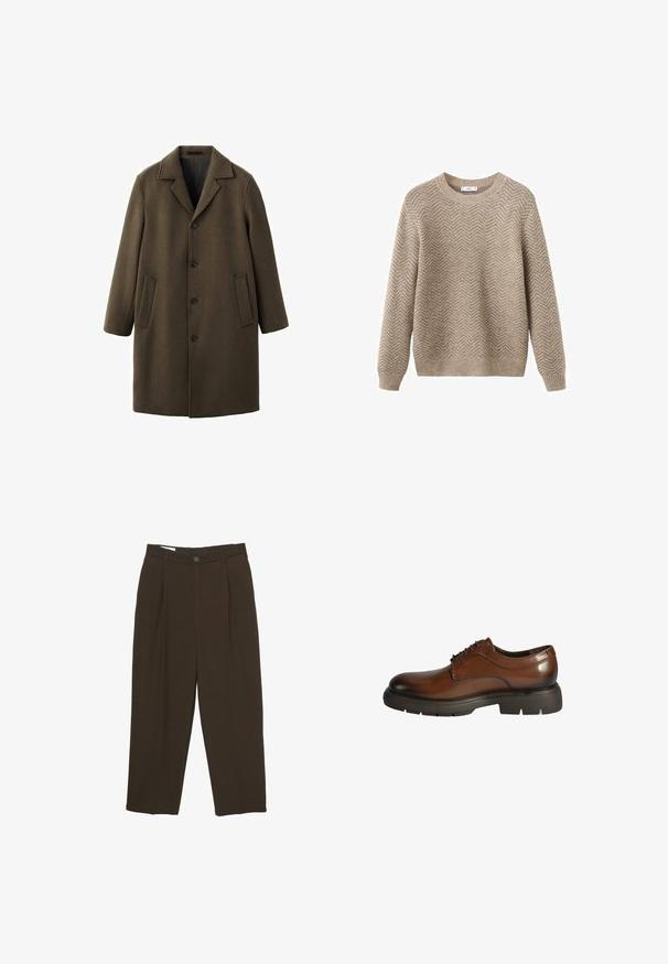Manteau en laine vert olive avec un col cranté, des manches longues, une fermeture à boutons à l'avant et deux poches latérales. Texture lisse et coupe ajustée.; Pull en maille beige présentant un motif en chevrons, col rond, poignets et ourlet côtelés, confectionné dans un matériau doux et texturé.; Pantalons ajustés marron foncé avec des plis à l'avant, passants de ceinture et fermeture à bouton à la taille.; Chaussure habillée en cuir marron avec une finition lisse, un bout rond, un design à lacets et une semelle épaisse noire contrastante avec une bonne adhérence.