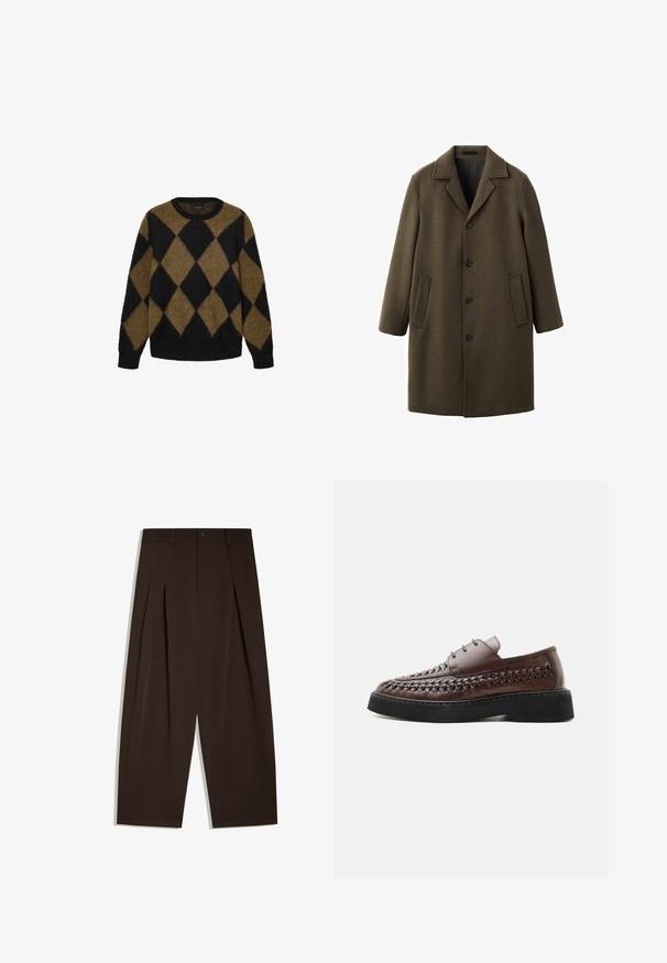 Olivengrøn uldfrakke med reverskrave, lange ærmer, knaplukning foran og to sidelommer. Glat tekstur og skræddersyet pasform.; Sort og brun argyle-mønster cardigan lavet af fluffy strikmateriale. Rund halsudskæring og lange ærmer; blød tekstur med en afslappet pasform.; Højtaljede mørkebrune viddebukser med forkantsfolder, bæltestropper, knaplukning og rene kantede kanter.; Brun læder snørestøvle med vævede detaljer langs siderne og en tyk sort platformsål, vist i profil på hvid baggrund.