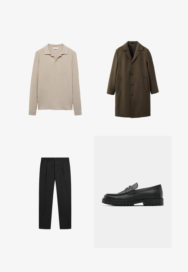 Manteau en laine vert olive avec un col cranté, des manches longues, une fermeture à boutons à l'avant et deux poches latérales. Texture lisse et coupe ajustée.; Pull en tricot côtelé beige avec un col, décolleté en V à l'avant, manches longues et ourlet droit. Texture lisse sur l'ensemble.; Pantalon noir sur mesure avec passants de ceinture, bouton à l'avant, fermeture éclair et poches latérales, présenté sur un fond blanc uni.; Mocassins en cuir noir à bout arrondi, avec un design cousu, une semelle plateforme basse et une semelle en caoutchouc texturée et crantée.